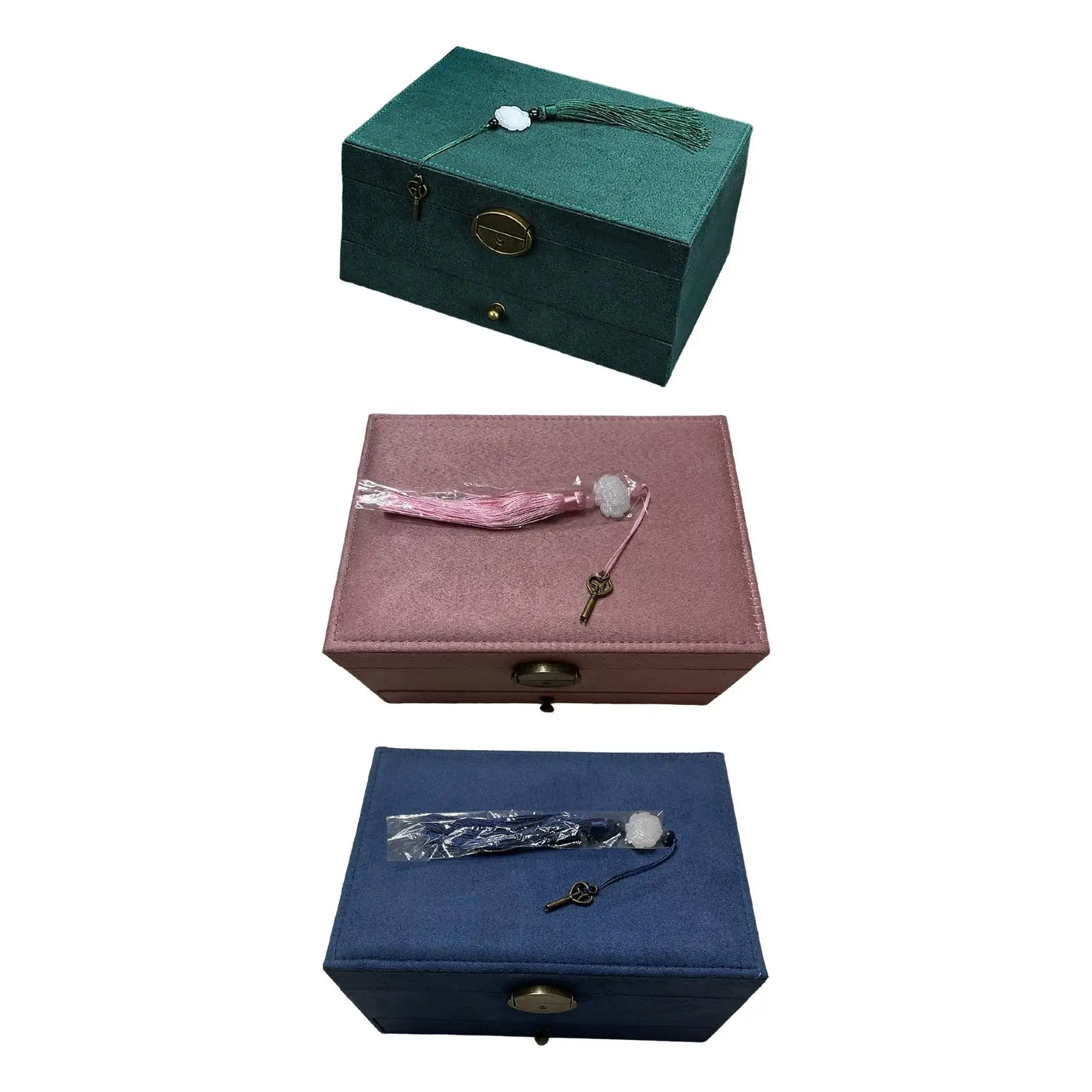 

3 Tier Jewelry Box Elegant with Tassel Lock Lockable Large Capacity Portable Organizer for Necklace Bangles Earrings Pendant
