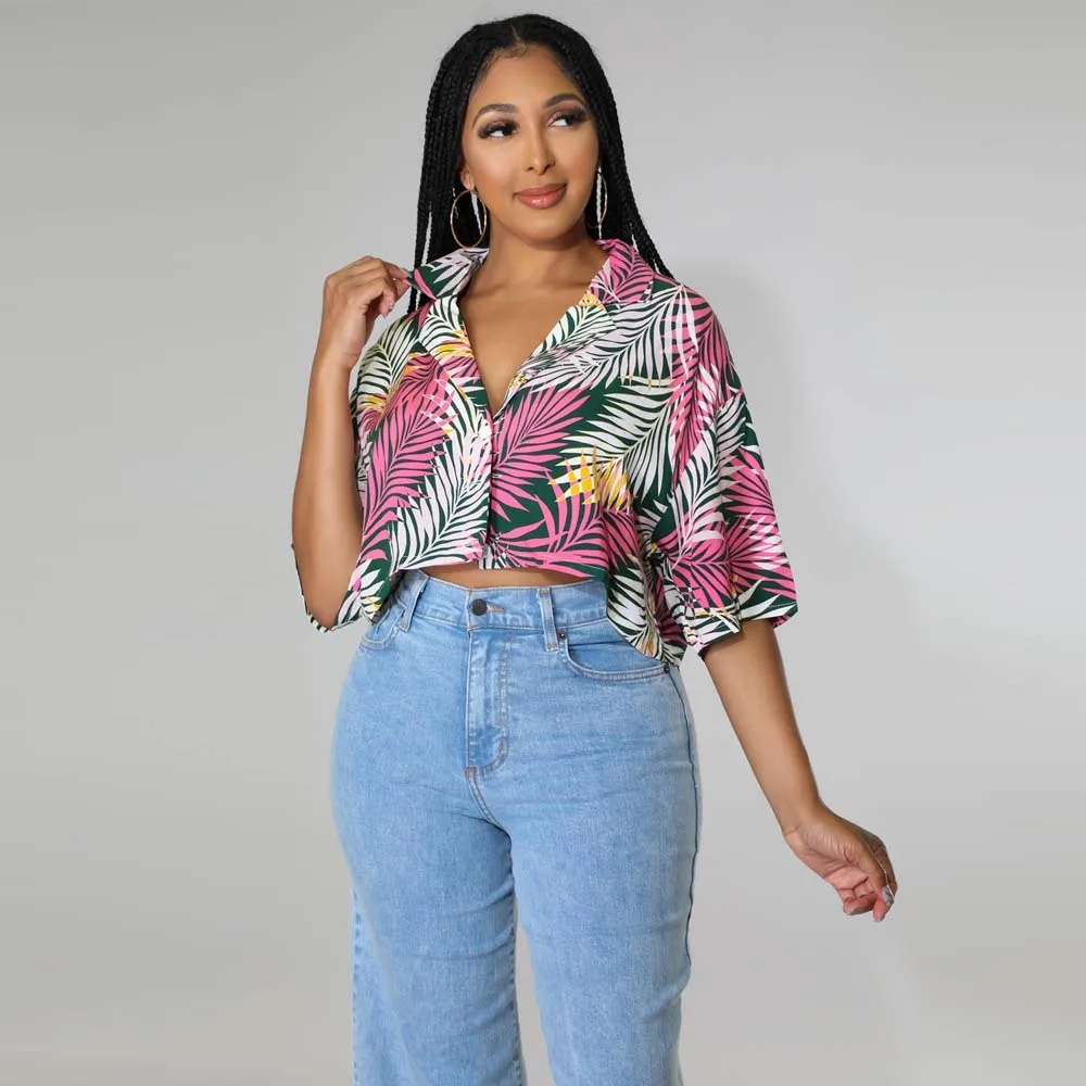 

Fashion Blouse Summer Tropical Print Loose Casual Suit Collar Short Shirt Women Beach Wear Casual Streetwear 2022