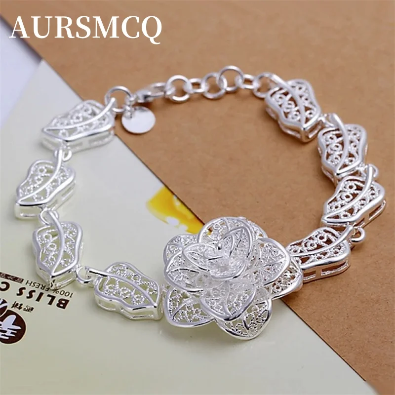 

AURSMCQ valentine gift high quality fashion 925 Sterling silver bracelet for women flower cute chain Jewelry Bracelets Wedding