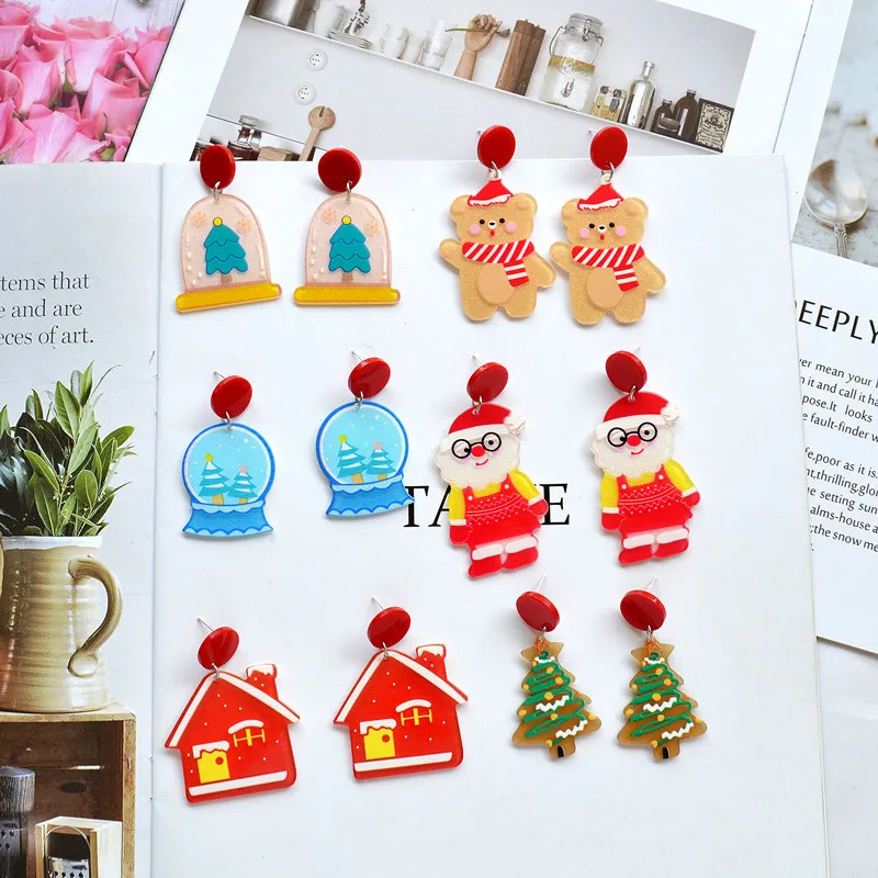 

WANGAIYAO's new Christmas series earrings personality bear house exaggerated long acrylic earrings girls' birthday anniversary e