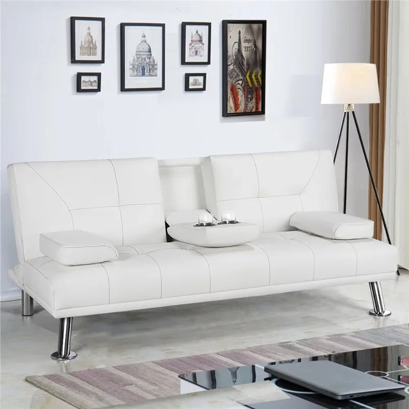 

Modern Faux Leather Futon with Cupholders and Pillows, White
