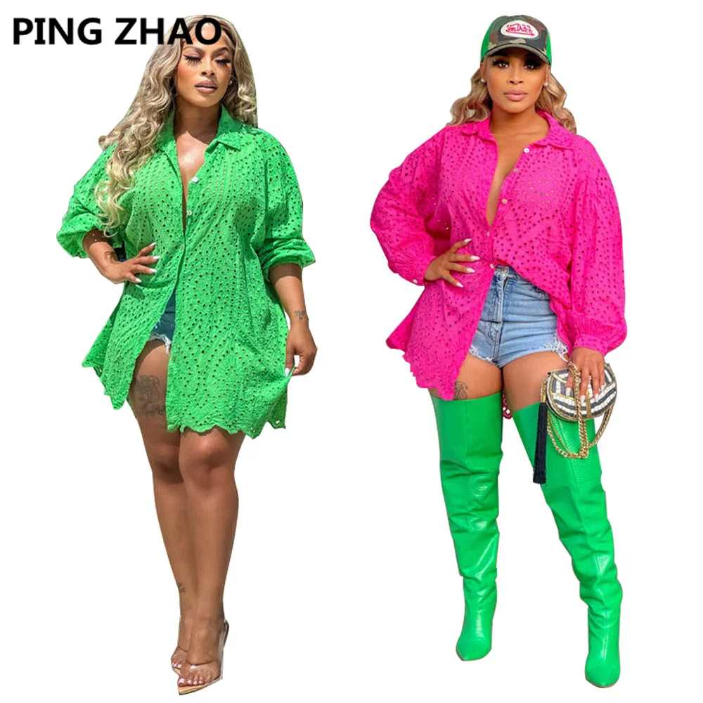 

PING ZHAO Women Casual Lapel Neck Long Sleeve Hollow Out Shirts Loose Long Tops