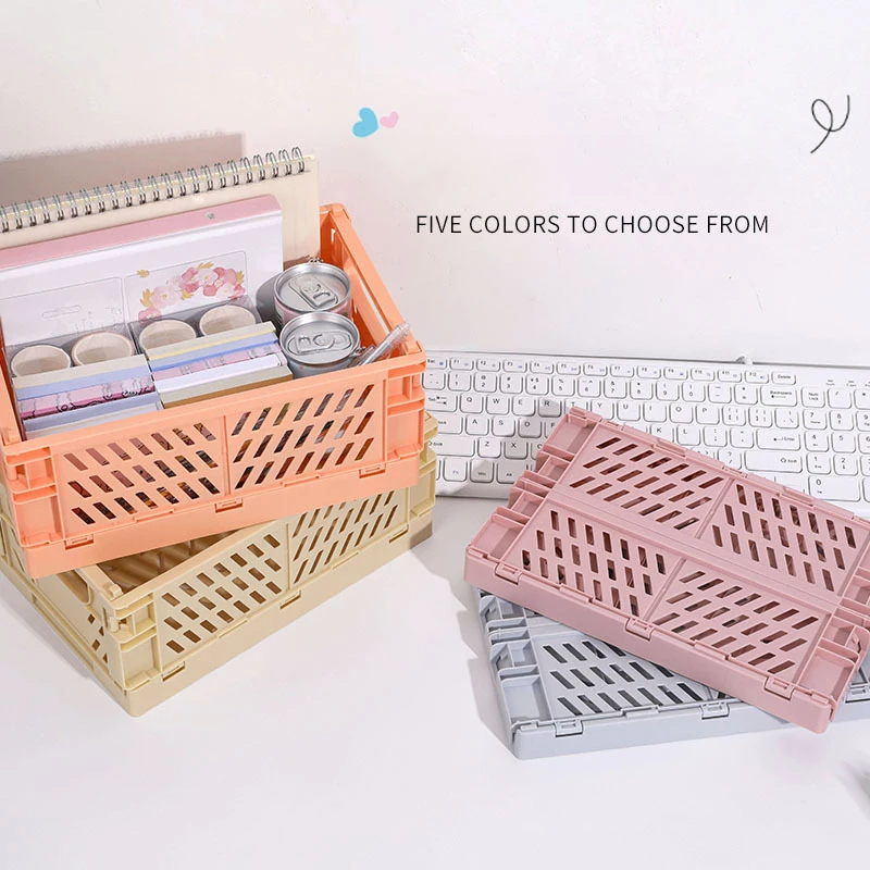 

5 Color Organizing Storage Baskets Case Folding Student Desktop Basket Tape Stationery Plastic Foldable Container Storage Box