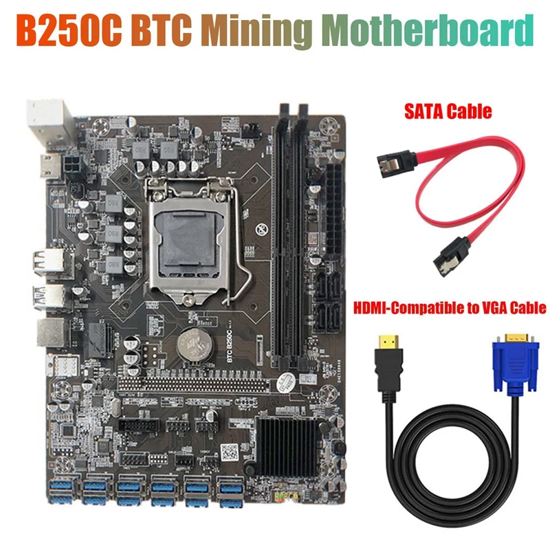 B250C Mining Motherboard With HD To VGA Cable+SATA Cable 12 PCIE To USB3.0 GPU Slot LGA1151 Support DDR4 RAM For BTC
