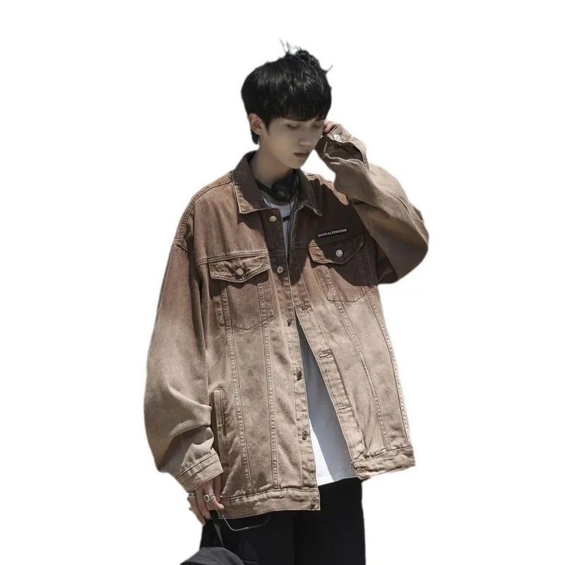 American Style Vintage Denim Jacket Street Fashion Men's Trendy Wash Distressed Gradient Oversize Brown Embroidery