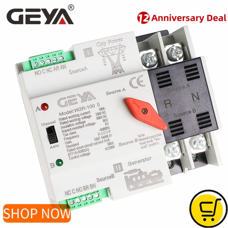 GEYA W2R Automatic Transfer Switch Electrical Selector Switches Dual Power Switch ATS 16A 20A 25A 32A 40A 50A 63A 100A ATS