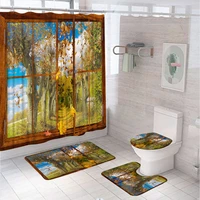 scenery wooden window shower curtain sets landscape forest road leaves bathroom curtains with bath mat pedestal rug toilet cover