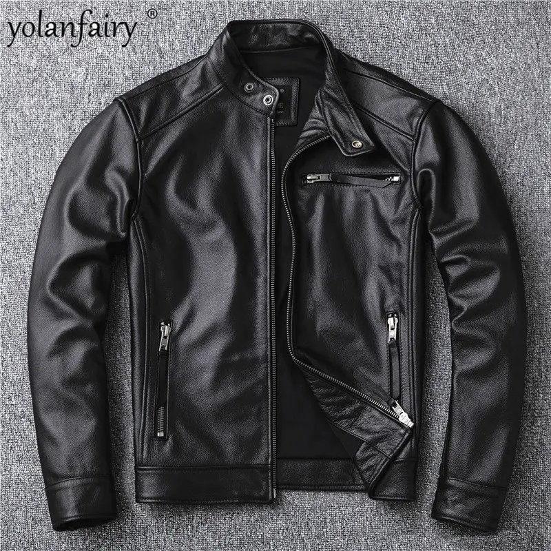 

Куртка мужская из натуральной телячьей кожи, короткий Байкерский жакет с воротником-стойкой, однотонная одежда, весна 6XL