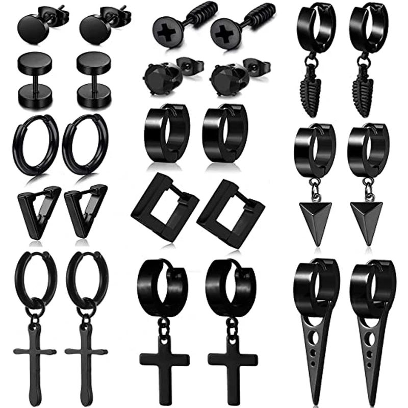 

13 Pairs of Earrings Men's Black Stud Earrings Stainless Steel Ring Earring Set Men and Women Jewelry Huggie Ear Piercing Set