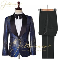 jeltonewin latest coat pant design blue printed men suits costume homme groom tuxedos wedding terno masculino slim party blazer
