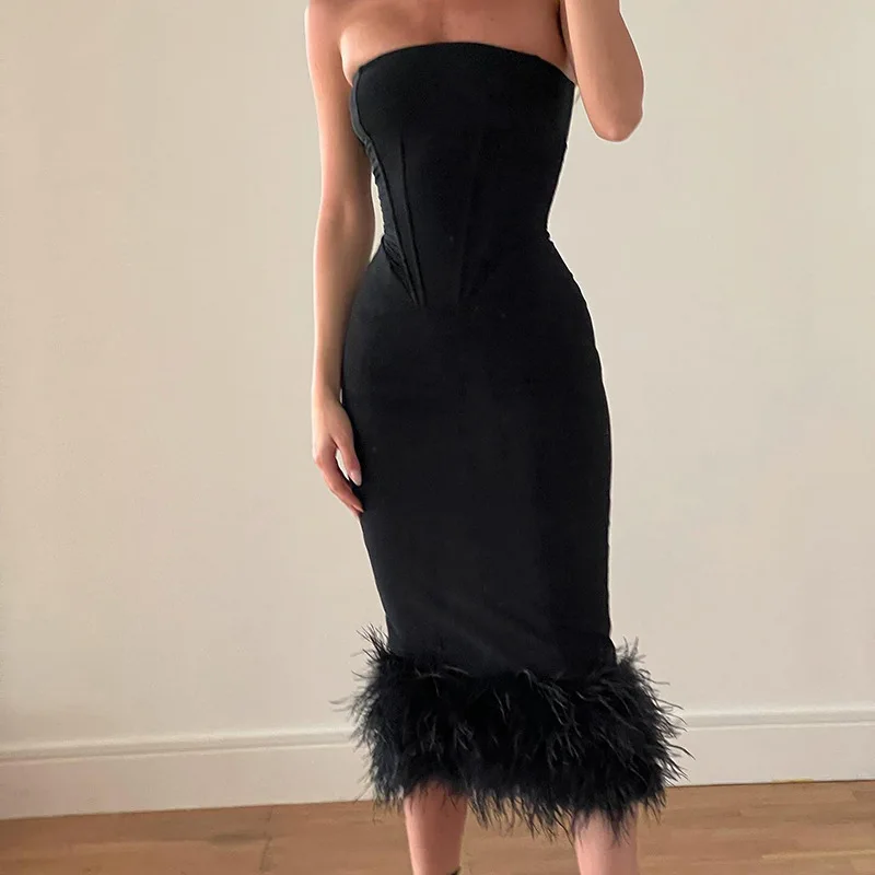

Black Strapless Midi Dress Fishbone Backless Sexy Dress Women Robes Bodycon Summer Dress Elegant Club Party Dresses Vestidos