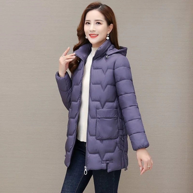 2022 New Autumn and Winter Lightweight Cotton Jacket Mid length Removable Hat Fashion Cotton Suit Slim Warm Cotton Jacket