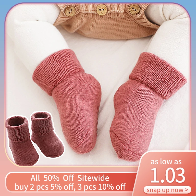 

Thick Coral Fleece Baby Socks Silicone Bottom Non-slip Toddler Sock Winter Warm Plush Newborn Sleep Socks Solid Color Infant Sox