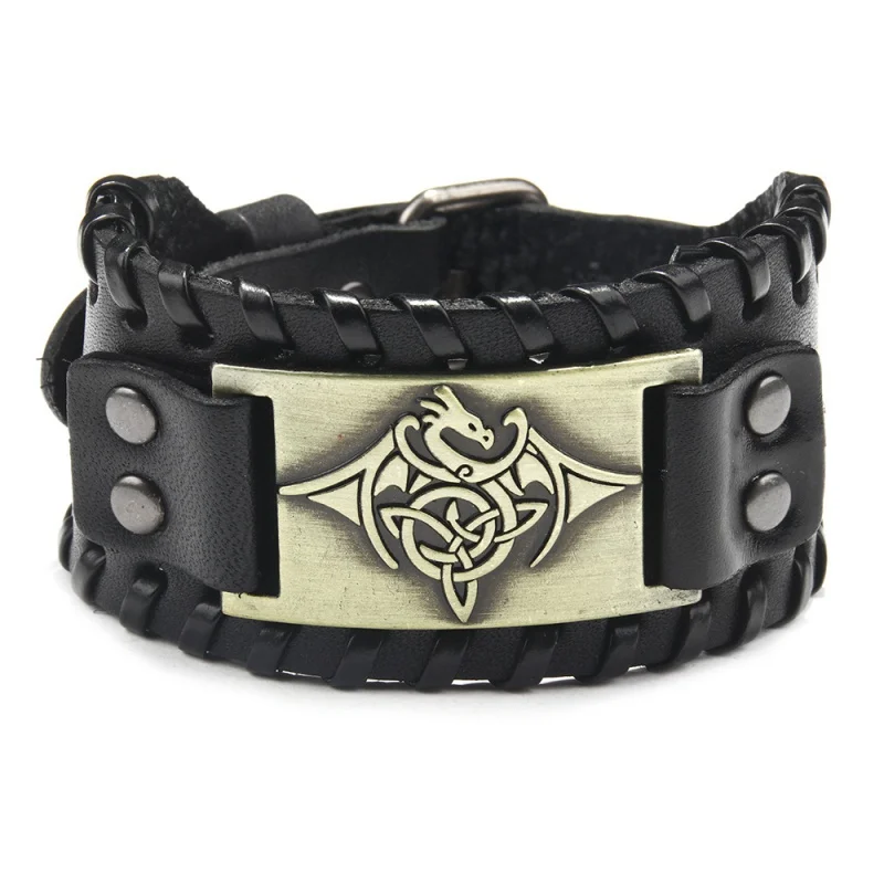 

New Retro Wide Leather Nordic Rune of Odi Bracelet Men's Bracelet Vintage Flying Dragon Pattern Celtic Viking Jewelry Bracelet