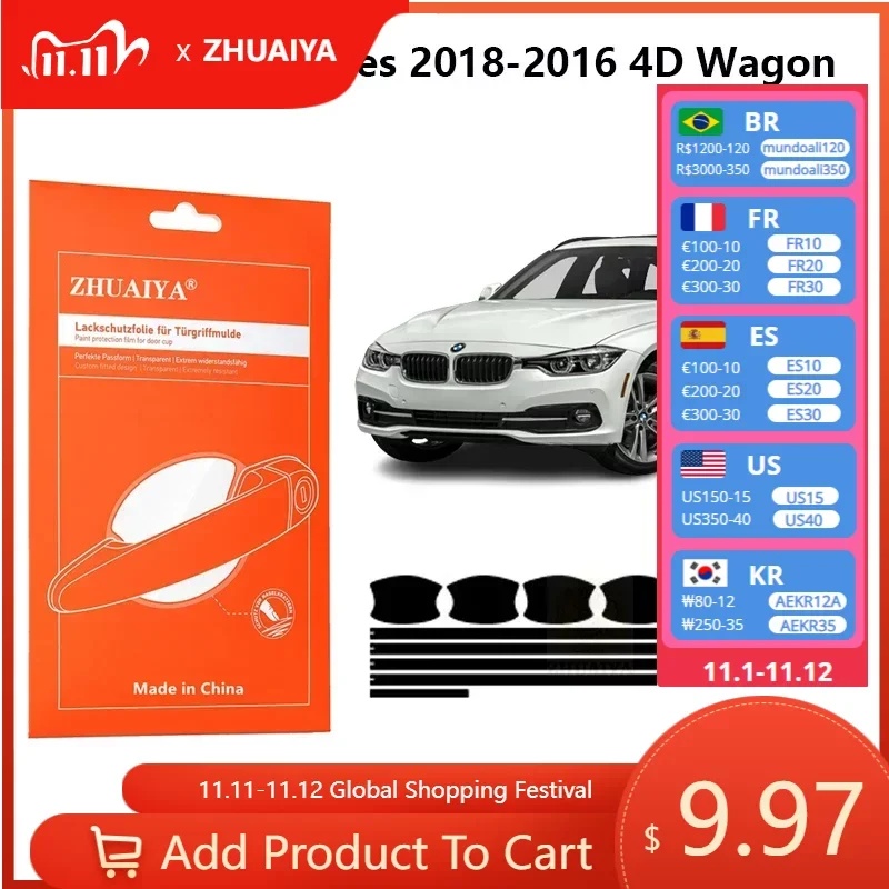 

Защитная пленка ZHUAIYA для красок дверной ручки, ТПУ PPF для BMW 3 серии 2018-2016 4D, автомобильные аксессуары