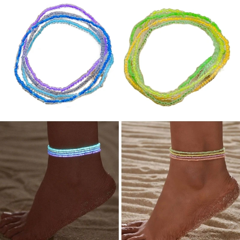 

4Pcs Bohemian Multicolor Beaded Chain Anklet Bracelet Set for Female Luminous Ankle Bracelet On The Leg Beach Jewelry