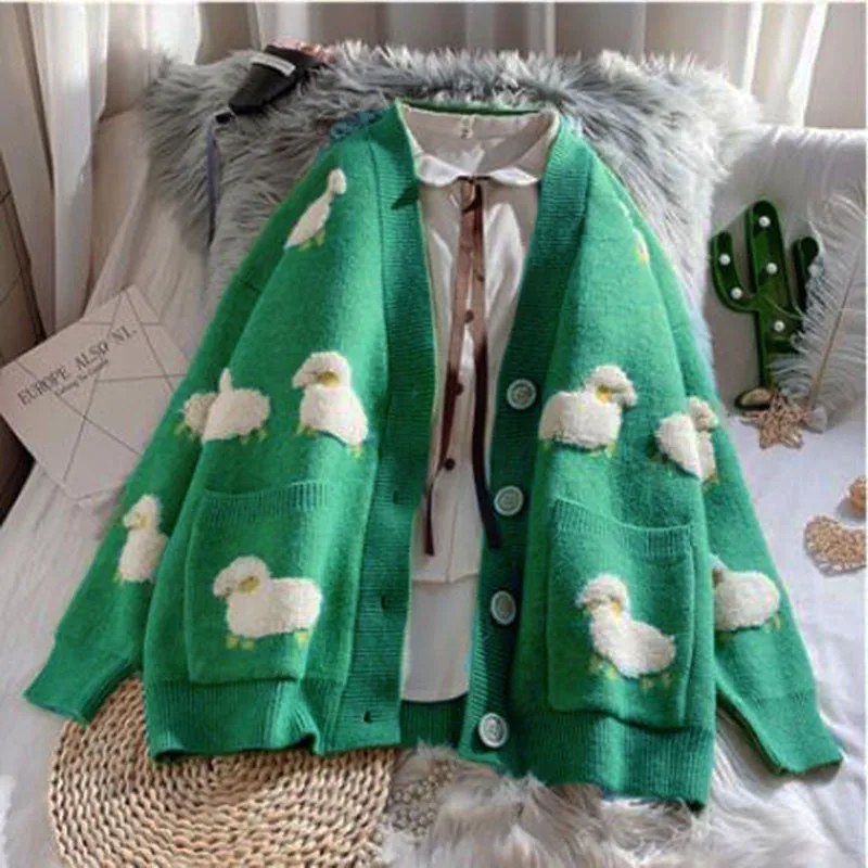 

New Sweater Fashion Sleeve and and Korean Casual Long Women's Oversized Autumn Button Cardigan V-neck Winter Cardigan Jacket New