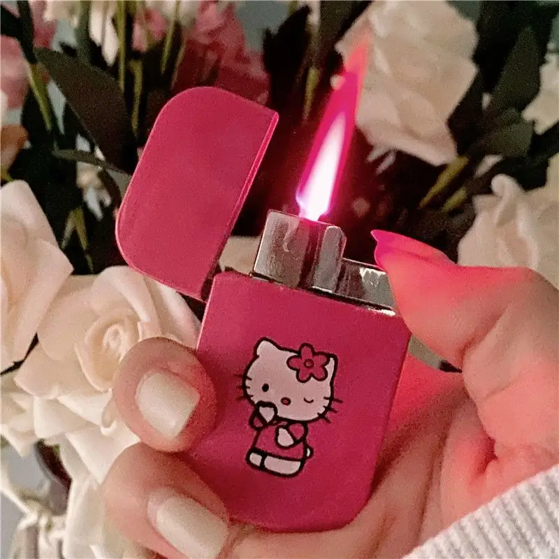 Оптовая продажа, мультяшная Зажигалка HelloKitty, ветрозащитная Высококачественная домашняя Милая ультратонкая Зажигалка KTV bar с изображением кота, Подарочная зажигалка с розовым пламенем