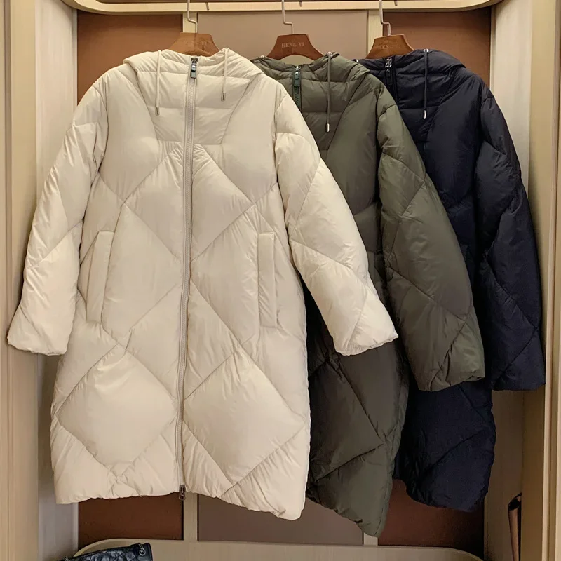 

Long Quilted Jacket for Ladies, Rhombus Hat, Zipper Down Jacket, Windproof, Padded, Winter, Max, 23ss