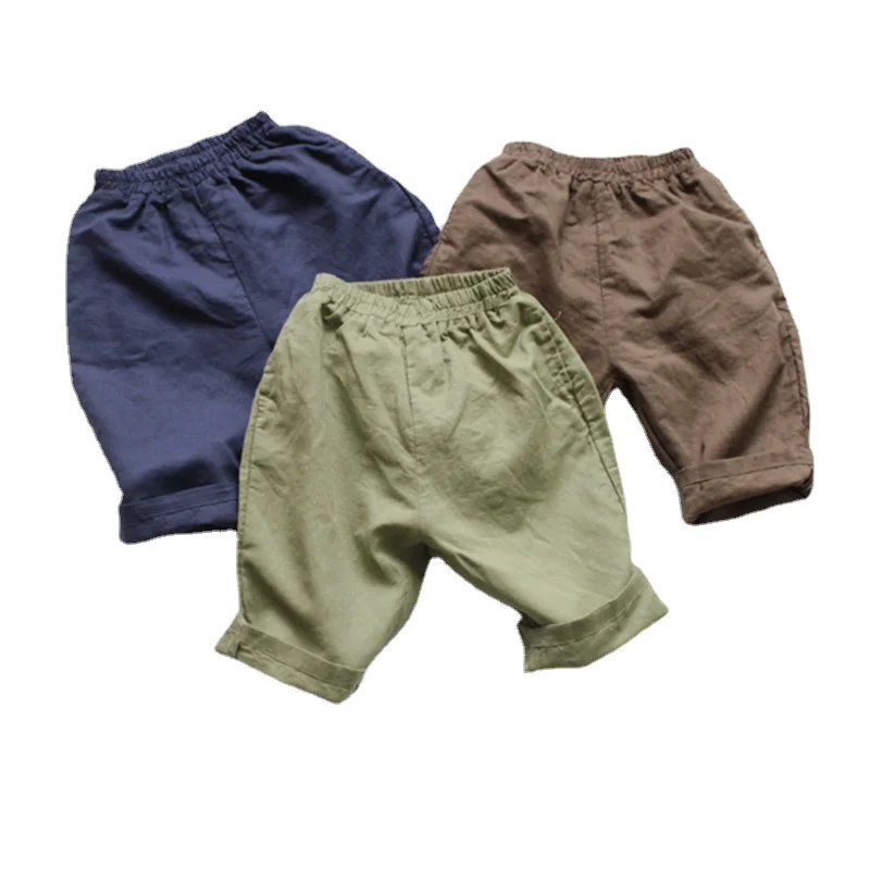 

Boys Linen Cotton Calf-length Pants Korean Style Kids Clothes Pure Color Loose Children Casual Trousers