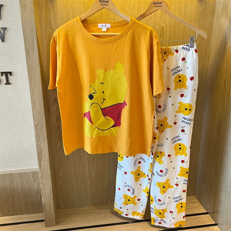 Disney Cartoon Winnie the Pooh Women Pajams Set Cute Kawaii Short Sleeve Top and Pants for Ladies 2 Pieces Pajamas Woman Summer