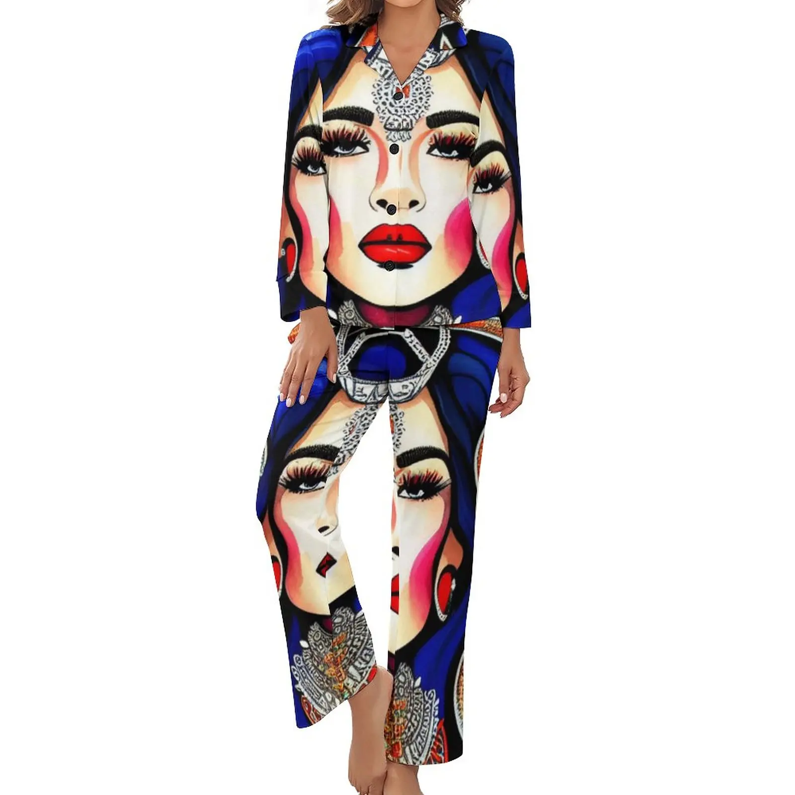 

Gypsy Queen Pajamas Pretty Woman Casual V Neck Home Suit Lady 2 Pieces Printed Long Sleeve Fashion Pajamas Set