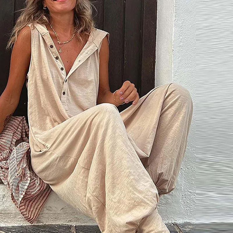 Women Sleeveless Rompers Summer Harajuku Vintage Solid Button Cross-pants Wide Leg Playsuit Female Casual Loose Hooded Jumpsuits