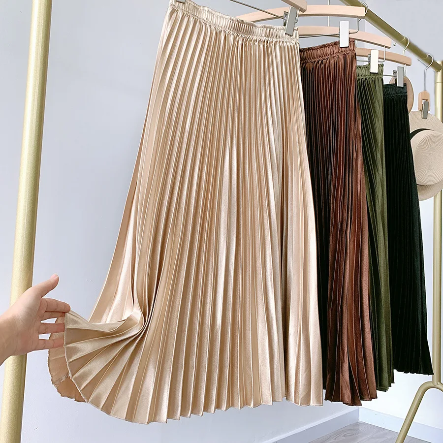 

Office Lady Elegant Satin Pleated Skirt 2021 Fashion Women Clothing Skirts Womens Elastic High Waist Midi Long Faldas Ropa Mujer