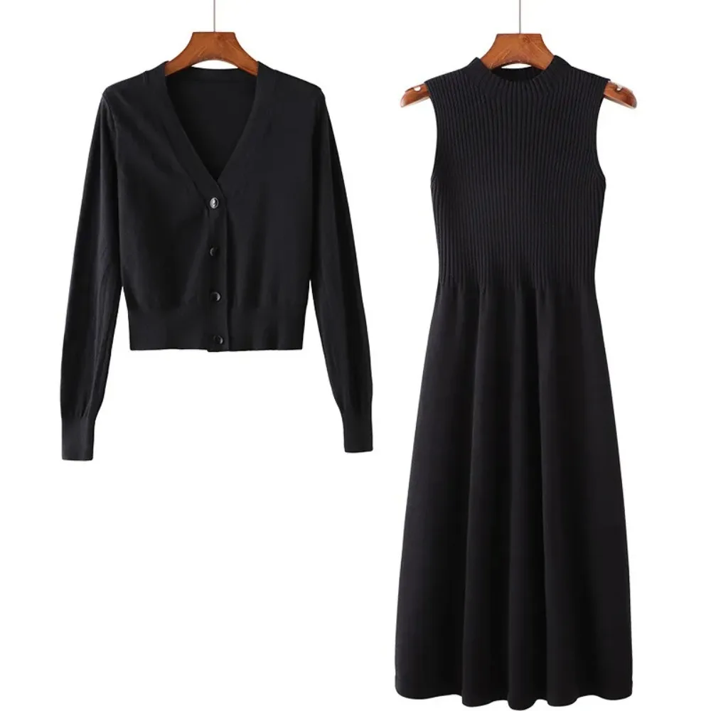 

2023 new spring and autumn long-sleeved v-neck top two-piece suit sweater dress wild loose knit cardigan women