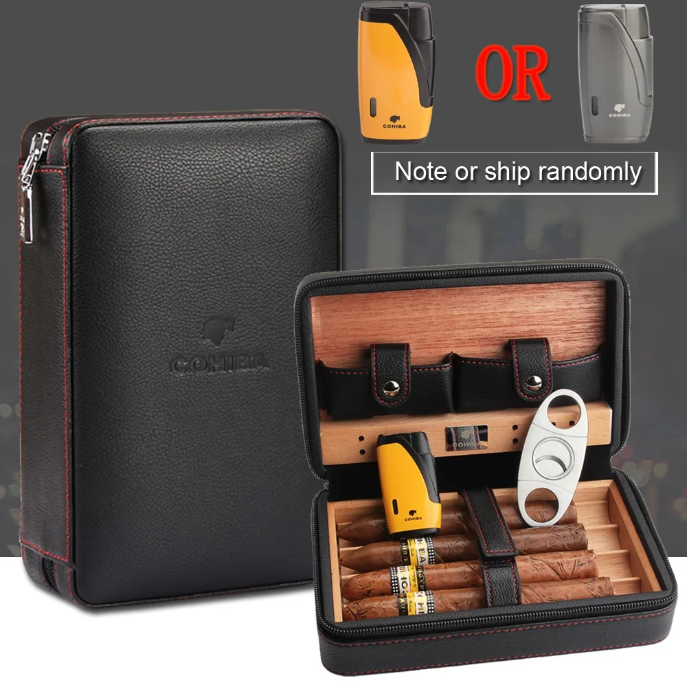 

COHIBA Cedar Wood Cigar Humidor Travel Portable Leather Cigar Case Cigars Box With Lighter Cutter Humidifier Humidor Box