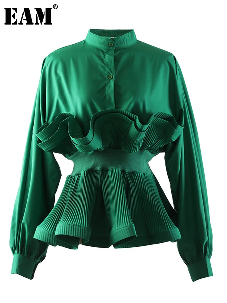

[EAM] Women Green Ruffles Pleated Elegant Blouse New Stand Collar Long Sleeve Loose Fit Shirt Fashion Spring Autumn 2023 1DE7292
