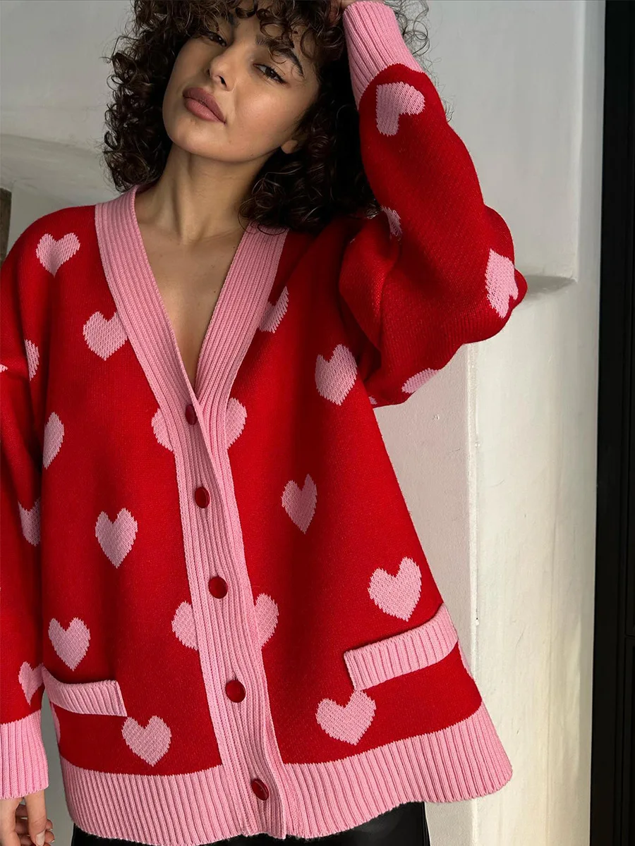 

Love Print Cardigan Women Elegant Knitted Sweater Female Sweet Fashion Long Sleeve Knitwear Casual Chic Single Breasted Cardigan