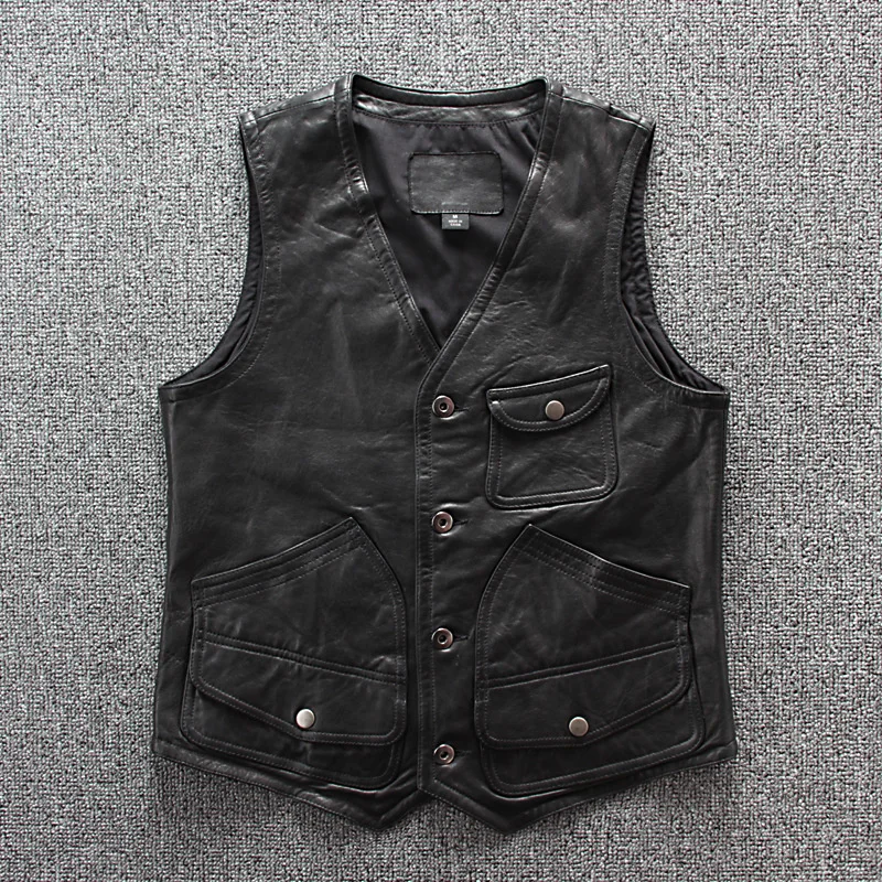 

Sheep Motorcycle Rider Short Slim Street Vest Male Brand Vintage Genuine Leather Sleeveless Jacket