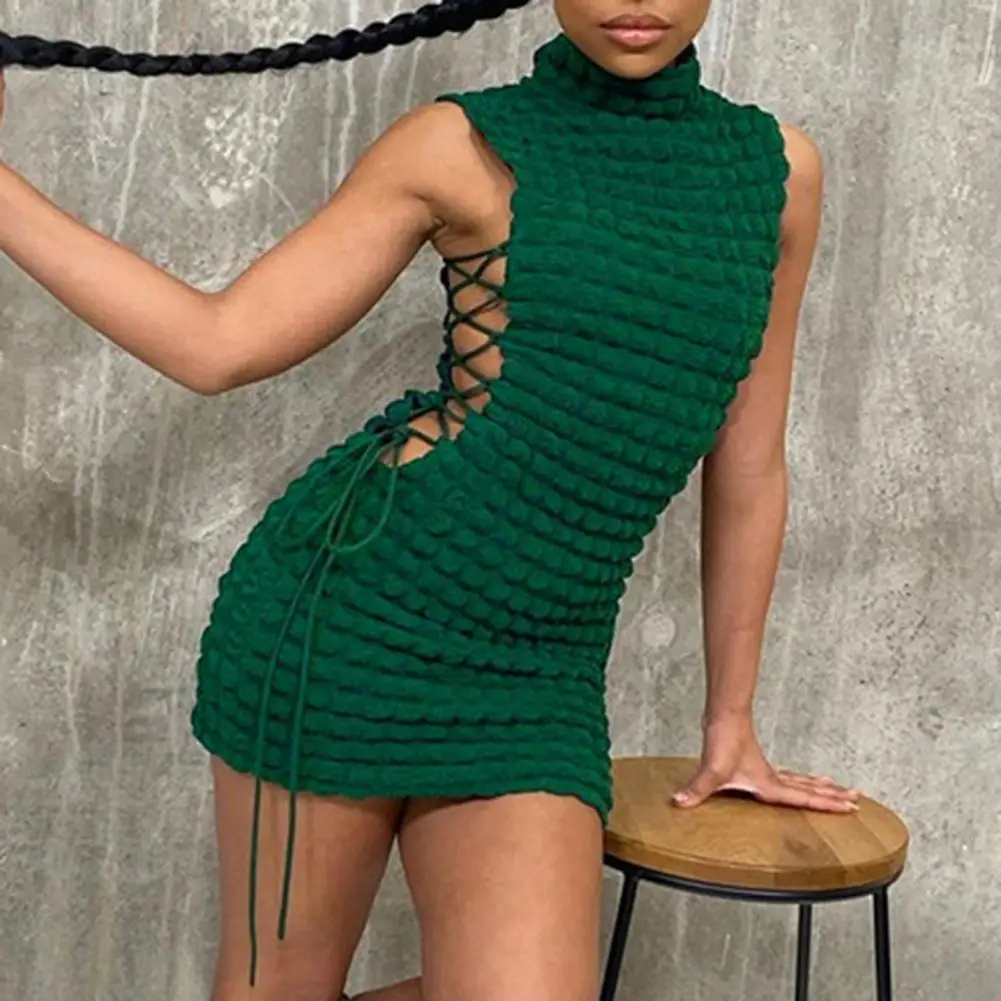 

Turtleneck Sleeveless Hip Wrap Bodycon Dress Side Hollow Bandage Plaid Mini Dress Streetwear