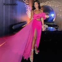 romantic pink tulle evening dress one shoulder with crystal beads leg slit sweep train formal party gowns for women long 2022
