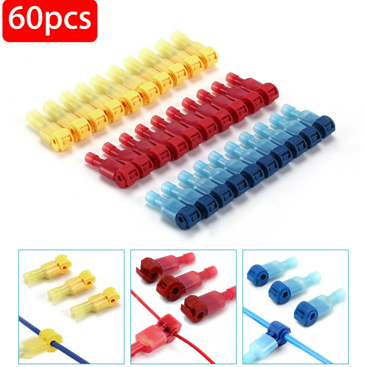 

60Pcs Premium T-Tap Wire Terminals Self-Stripping Quick Splice Wire Connectors Fully Insulated Male Spade Terminals Connectors