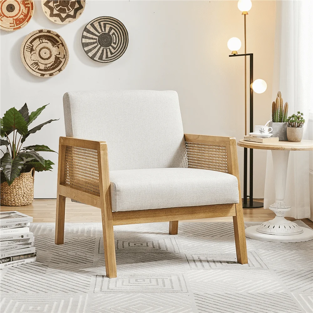 

Chair,Rattan Armchair with Rattan Armrest and Wood Legs,Modern Living Room Chair Linen Comfy Lounge Chair for Bedroom Room Beige