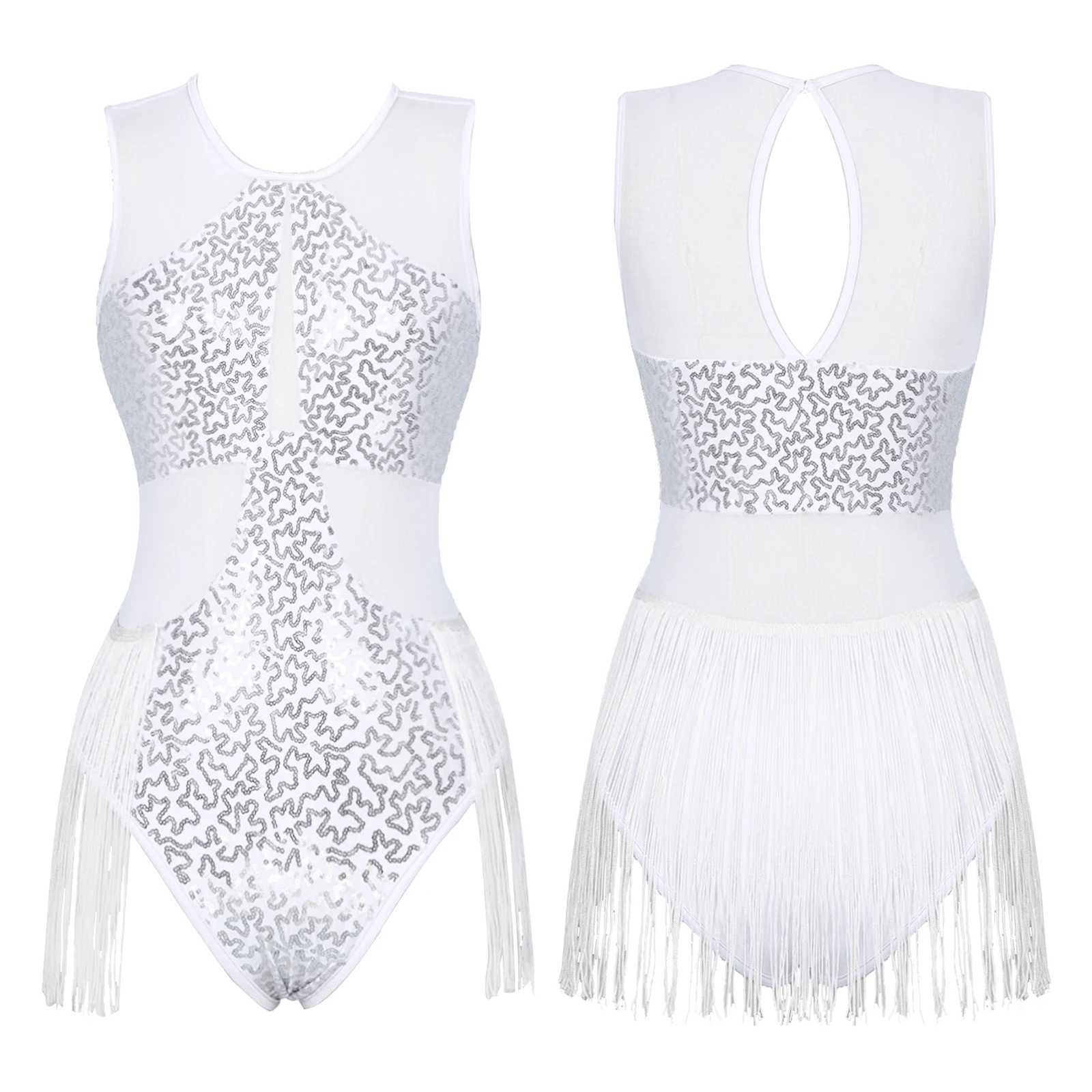 Women Ballet Leotard Sparkling Sequins Skating Dance Gymnastics Leotards Bodysuit Sleeveless Mesh Fringed Latin Dance Costume