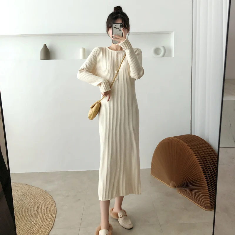 

Spring and Fall Clothes Vintage Cotton Long Sleeve Dress Lie Fallow Sweater Dress Knit Elegant Mid-Length Party Women's Dresses