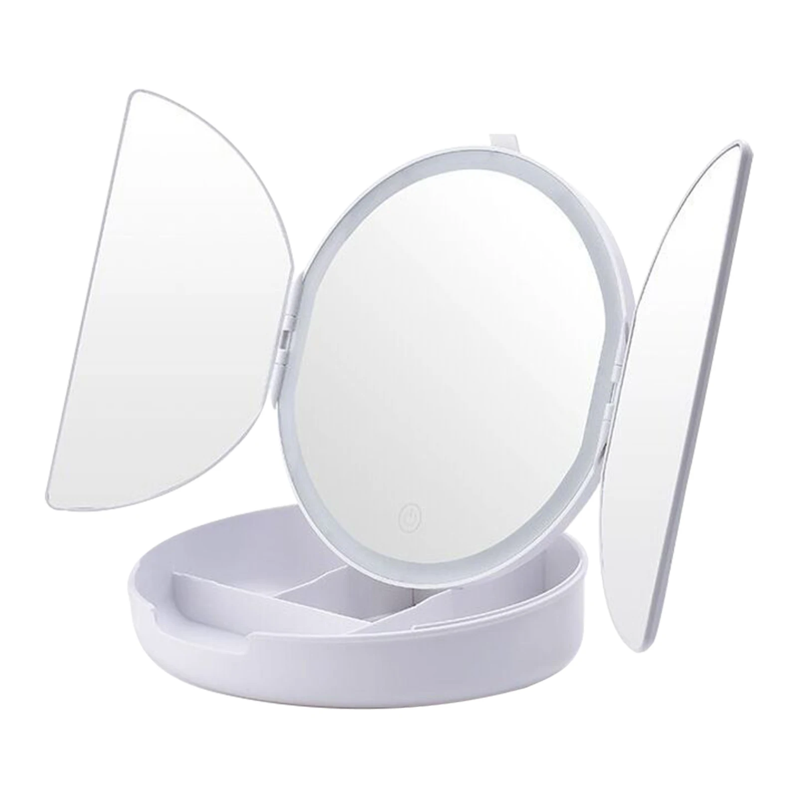 

Adjustable Brightness Gift Tri-fold Magnifying LED Lighted Portable Desktop Makeup Mirror Home Vanity Storage Base Touch Screen