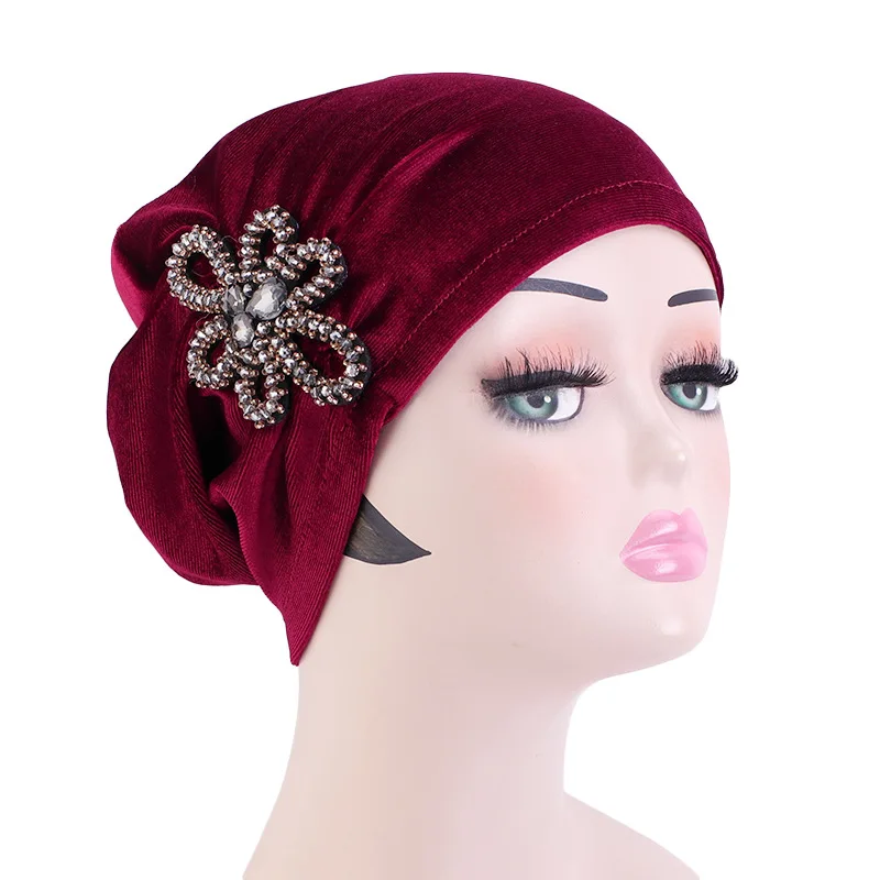 

Women jewelry velvet Turban Hat Folded Chemo Cap Headdress Muslim Headwrap hijab scarf bonnet Solid Color Cap Hair Accessories