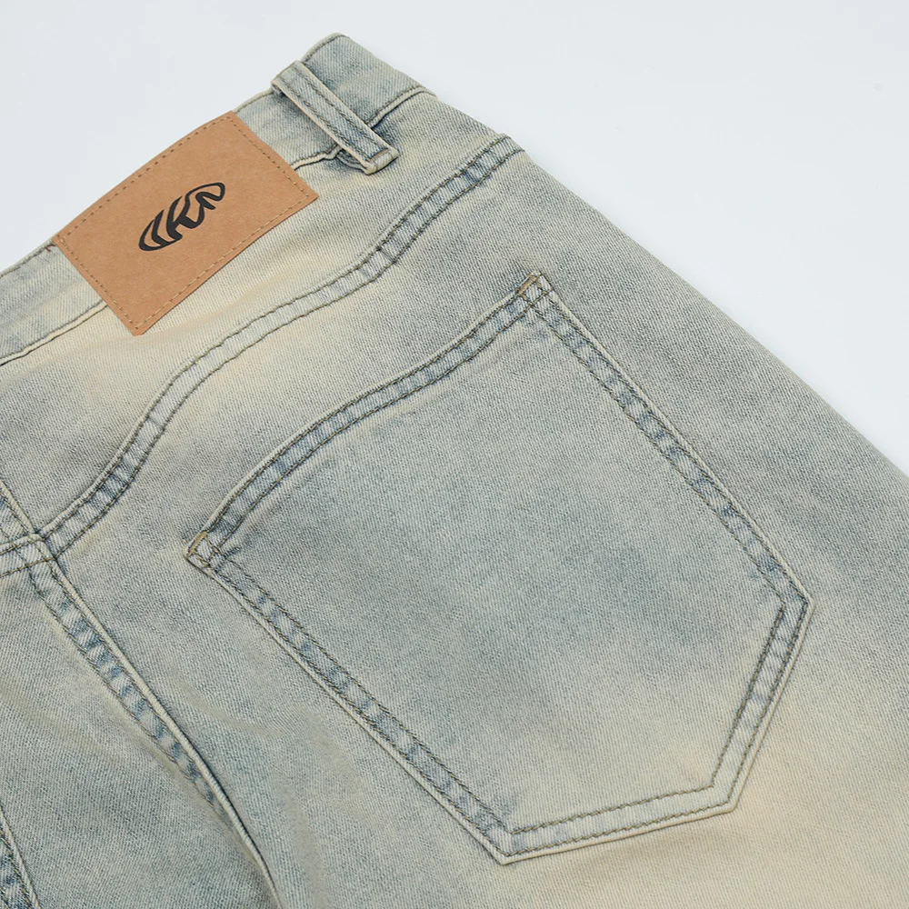 2023 Washed White Straight Denim Jeans Mens Ins Fashion Streetwear American Loose Trousers Feet Zipper Slit Casual Daddy Pants