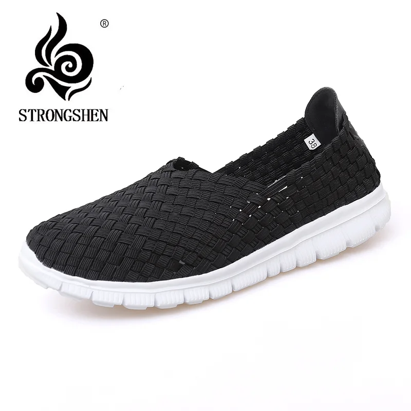 

STRONGSHEN Women Shoes Summer Casual Flats Breathe Female Sneakers Woven Walking Shoes Slip On Ladies Loafers Handmade Shoes