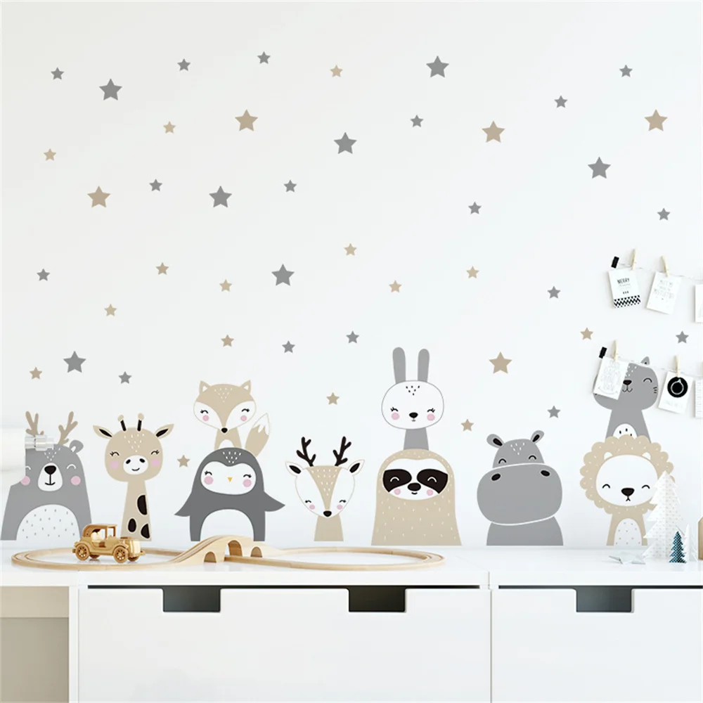 

New Cartoon Smiling Face Small Animal Wall Sticker Penguin Hippo Lion Children's Room Wall Decoration DIY Height Stickers Stars