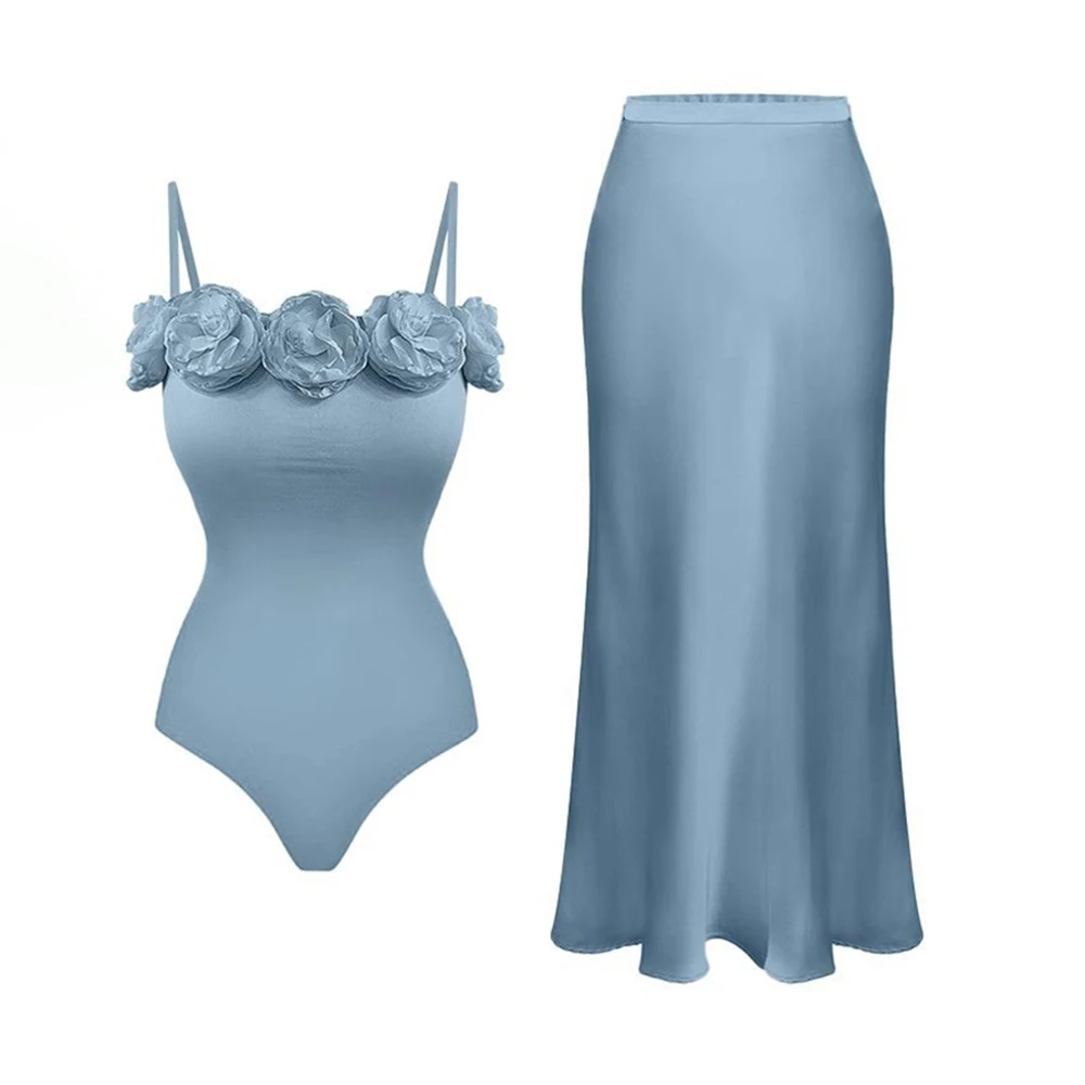 

Solid Color 3-D Floral Decor One Piece Luxury Swimsuit Sexy Off Shoulder Women BIkinis Cover Knee Summer Slim Beachwear 2023