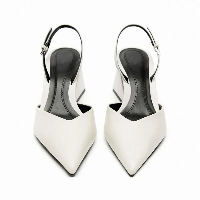 Womens Sandals 2023 Summer New Fashion Pointed Toe Sexy Ladies Shoes Slingback Mules White Leather Chunky Heel Women Pumps