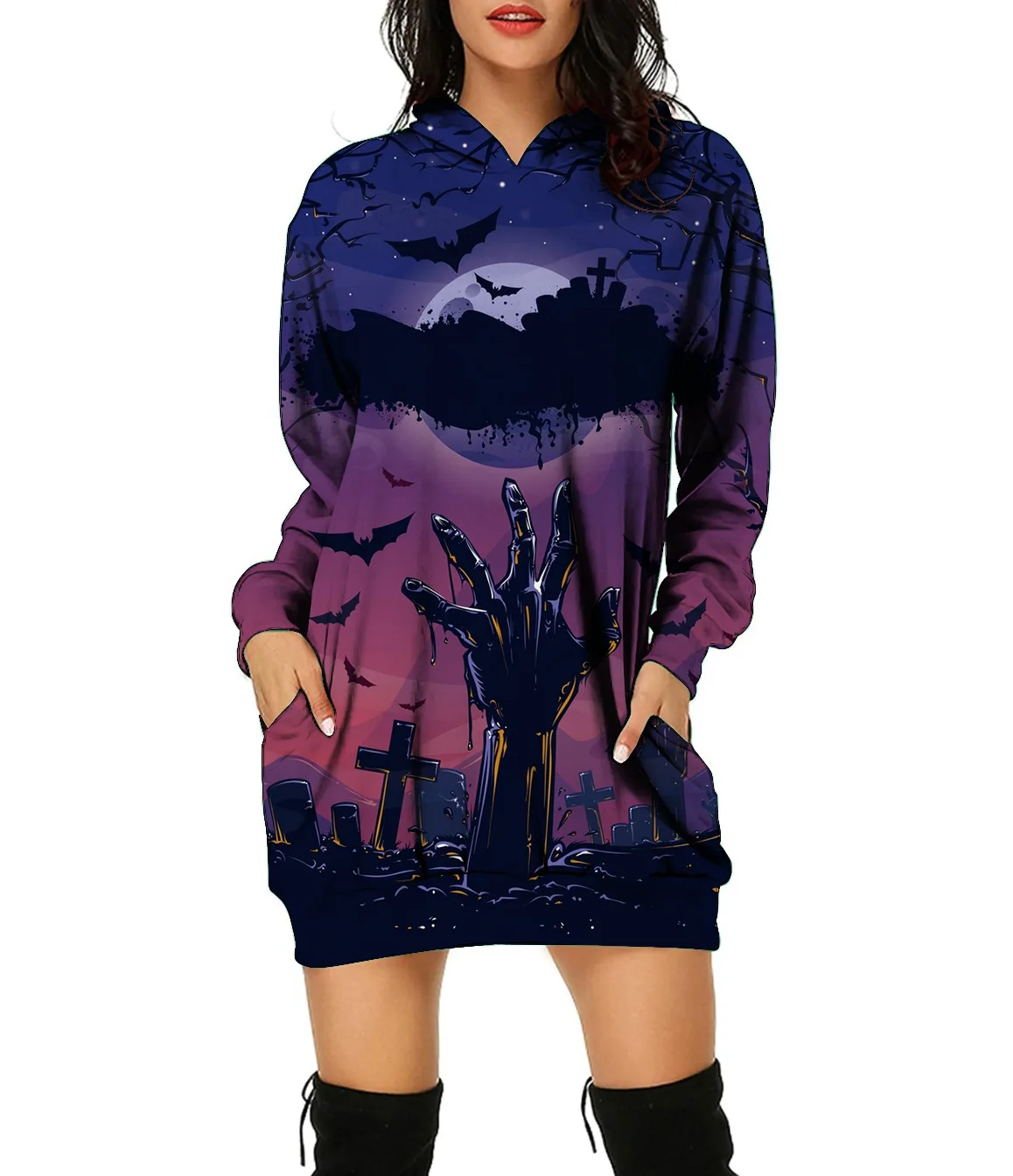 

Женская толстовка с капюшоном и принтом в виде тыквы и летучей мыши