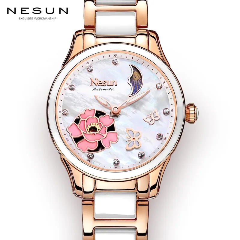 Switzerland NESUN Luxury Brand Automatic Mechanical Women's Watches Waterproof Moon Phase Diamond Luminous Skeleton Clock N9073