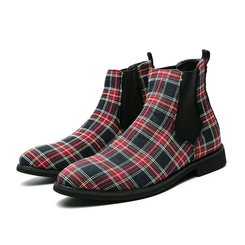 Ботинки Челси мужские классические, клетчатая Повседневная Уличная обувь без застежек, с круглым носком, блокировка цвета, на низком каблуке