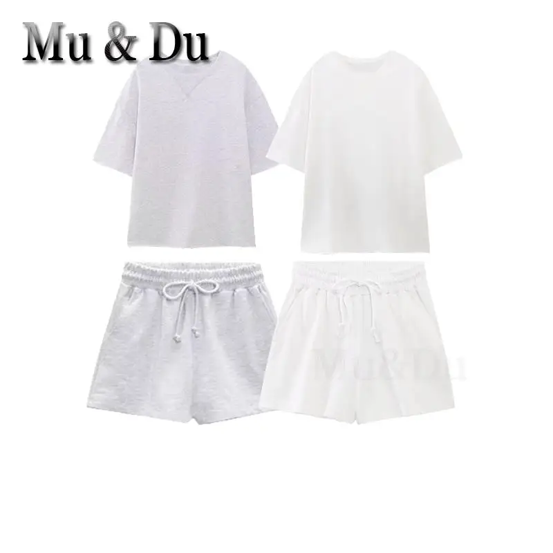 

Mu&Du 2023 Summer Women 3-color Loose Short Sleeve Cotton T-Shirt + Elastic High Waist Shorts Female Tee Suit Tops 2 Piece Set